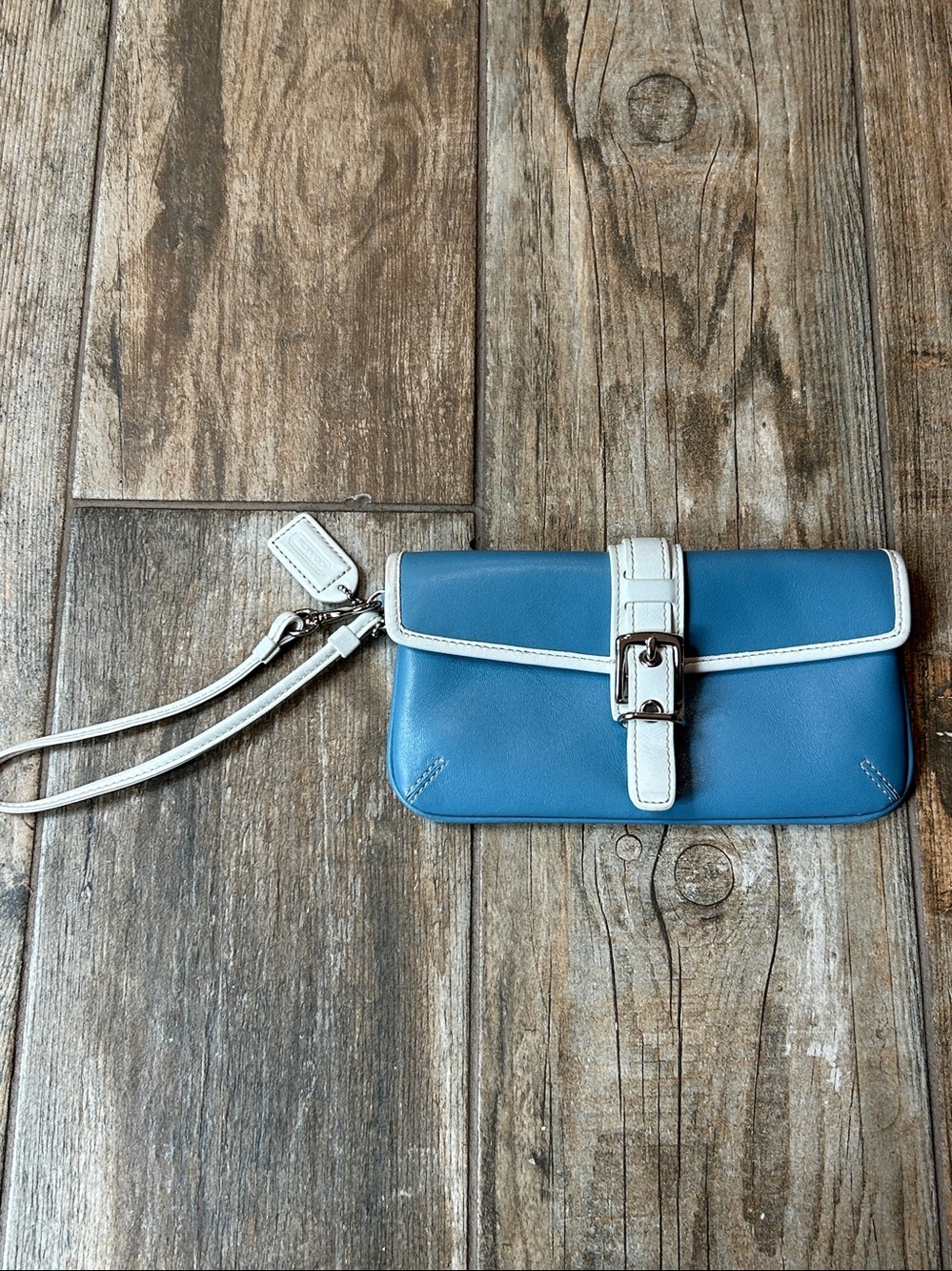 Coach Blue and White Leather Womens Wristlet With White Signature Tag